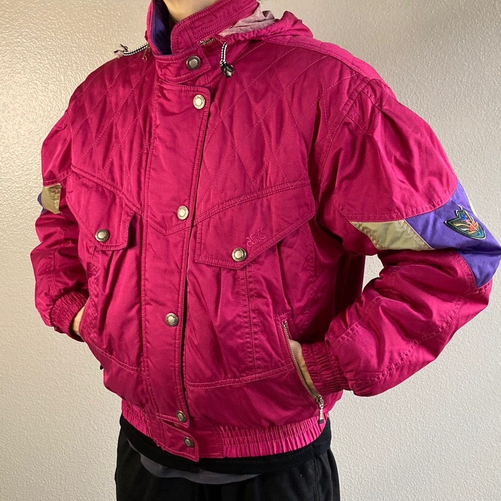 Vintage 80s 90s Asics Quilted Pink & purple Puffer Bomber Ski Snow Jacket sz L